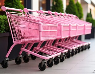 Row of Pink Shopping Carts Outside Storefront with Greenery Accents