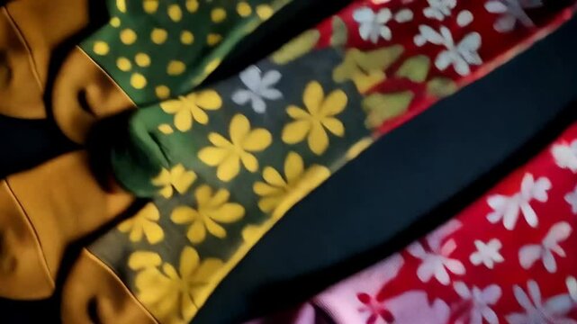 A pair of grey socks with a floral and polka dot pattern lies on a dark wooden background