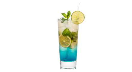 Blue Lagoon Mojito Cocktail with Lime and Mint Refreshing Highball Drink PNG Isolated