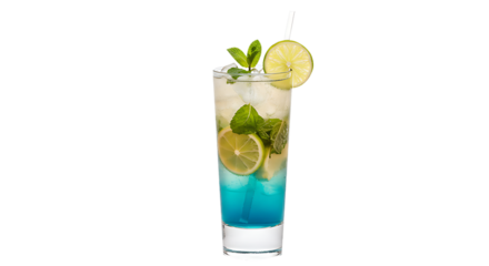 Blue Lagoon Mojito Cocktail with Lime and Mint Refreshing Highball Drink PNG Isolated