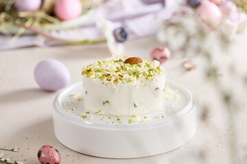 Pistachio tvorozhnaya pascha with nuts, bright natural light, overhead composition