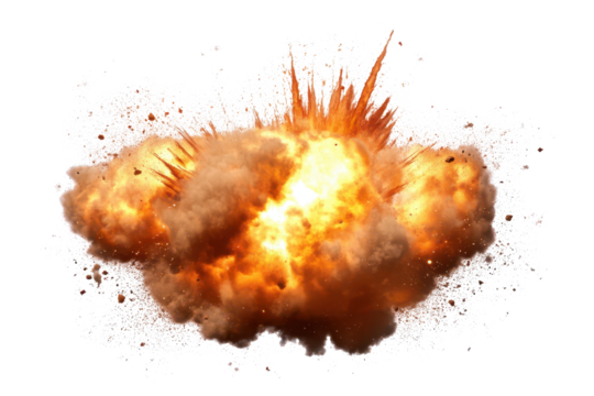 Explosions with dynamic flames and smoke effects, showcasing powerful bursts in high detail against a transparent background for use in creative projects