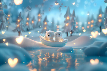 Fototapeta premium 雪の河をカヌーで降る2頭のシロクマくん（3D）