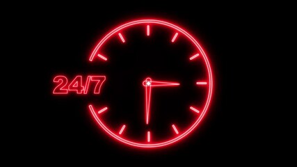24 Hours a Day, 7 Days a Week Flickering neon line Text Animation on Black Background. Anytime commercial help desk advertisement means help any hour. neon sign 24 / 7 shows business always open  