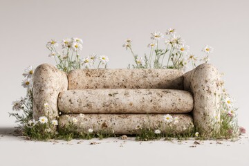 A mud-splattered, beige sofa, overgrown with daisies and grass against a minimalist white backdrop