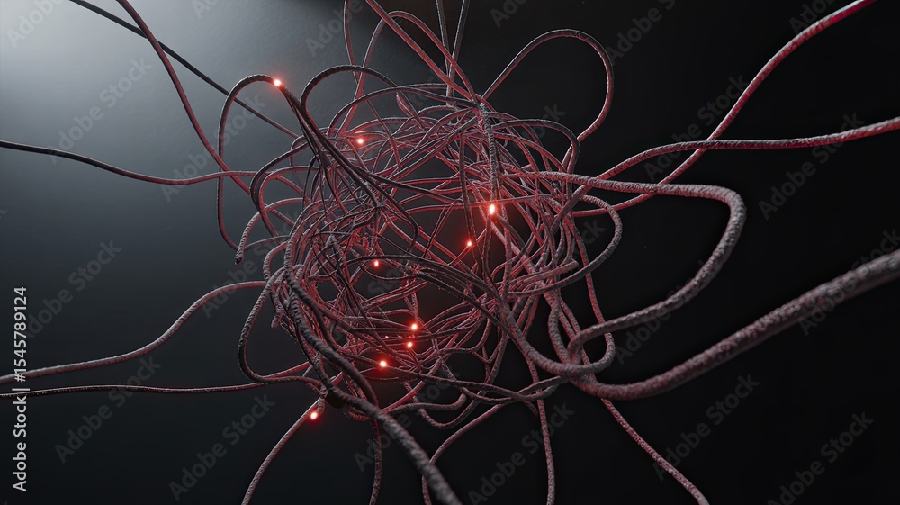 Aufkleber abstract 3d render of tangled red wires with glowing nodes on a dark background visualization