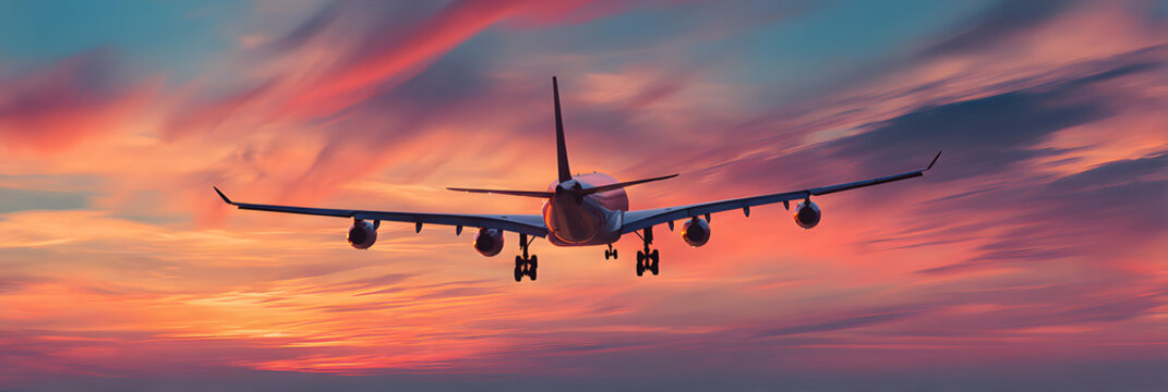 An airplane flying against a stunning sunset sky, symbolizing adventure and the joy of exploration.