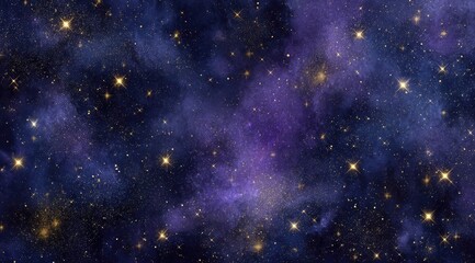 A cosmic canvas of swirling nebulae in deep blues and purples, speckled with countless golden stars, creating a celestial dreamscape