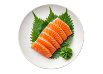 Fresh salmon sashimi on white plate with green garnish