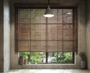 A large window with dark wood blinds, partially open, revealing a verdant outdoor scene.  A simple pendant light hangs above. Concrete walls and a small plant add to the minimalist aesthetic