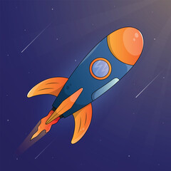 Cartoon rocket illustration with space background.