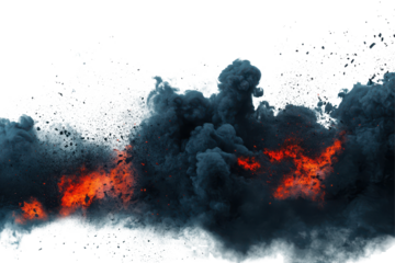 Dark smoke billowing from a volcanic explosion with bright red lava glowing amidst the ashes and debris against a stark white background