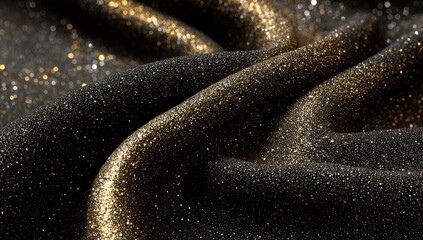 Draped black fabric with gold glitter, showing texture and subtle folds