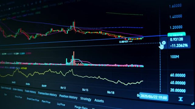 Stock Market Trading Chart On Computer Monitor. Financial Data Analysis With Candlestick Graphs And Indicators. Cryptocurrency Exchange Interface 