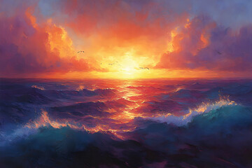 Fototapeta premium Sunset over dramatic ocean waves