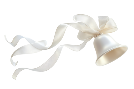 Elegant white bell with ribbon suspended in air, symbolizing celebration and joy for special occasions such as weddings and anniversaries