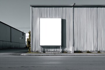 A large blank billboard mounted on a corrugated metal building stands in a desolate urban setting
