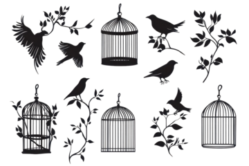 Illustrated bird cage silhouettes with elegant branches and birds, capturing a whimsical nature theme for artistic projects and designs