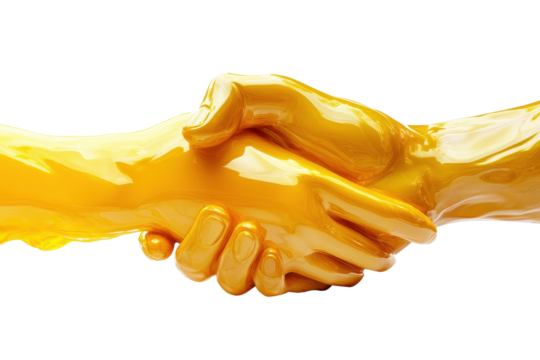 Handshake render showing two cartoon plastic hands in vibrant yellow, symbolizing agreement and collaboration