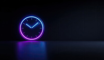 Neon clock face with purple and blue glowing outline, reflecting on dark surface