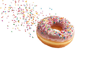 Donut with colorful sprinkles in mid-air capturing joy and festivity while falling gracefully against a pure white background