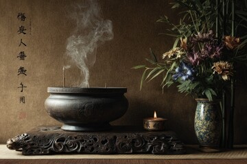 Dark bronze incense burner with swirling smoke, rests on ornate wooden stand beside a vase of flowers and a small candle, set against a muted brown background