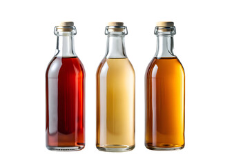 Three glass bottles with different types of vinegar isolated on a transparent background