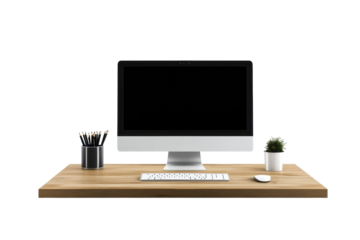 Minimalist office desk setup featuring a computer, keyboard, mouse, and stationary in a bright and clean workspace