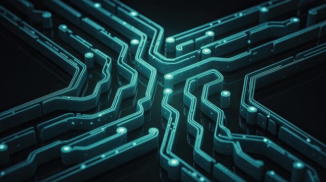 Futuristic technological circuit board design with glowing electronic pathways and digital data flow representation