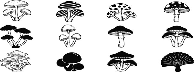 A diverse set of twelve, black and white mushroom illustrations, featuring various fungi species in a hand-drawn, isolated vector style for botanical design