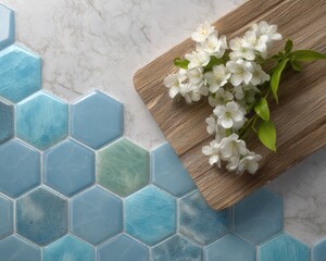 Overhead view of light blue hexagonal tiles, a wooden board with delicate white blossoms, and a marble countertop