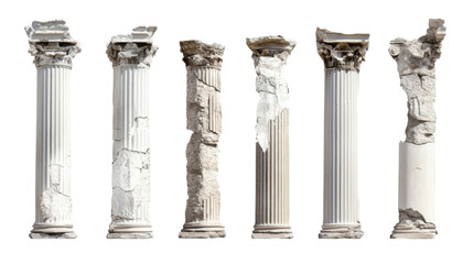 Set of broken and damaged ancient Greek columns isolated on white background