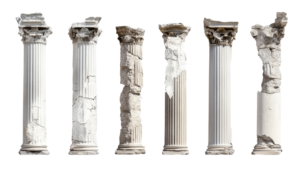 Set of broken and damaged ancient Greek columns isolated on white background