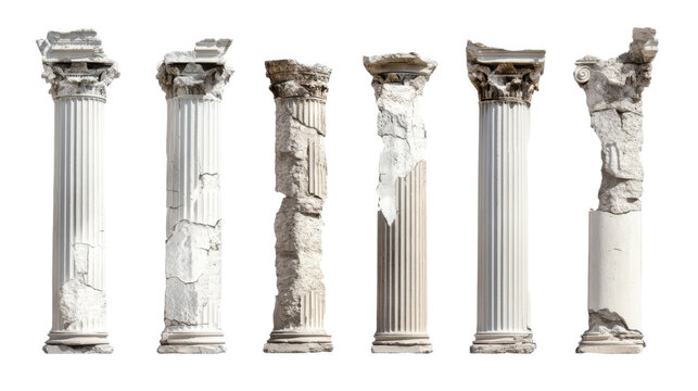Set of broken and damaged ancient Greek columns isolated on white background - Powered by Adobe