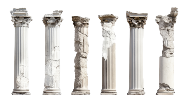 Set of broken and damaged ancient Greek columns isolated on white background - Powered by Adobe