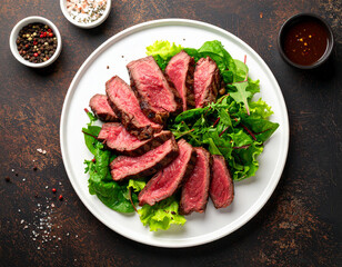 Sliced Steak on Salad with Spices and Sauce, Overhead View