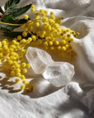 Double-terminated clear quartz crystal rests on white fabric, accompanied by vibrant yellow mimosa blossoms in sunlight