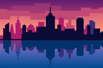 Fototapeta premium Pixel Art Cityscape Sunset Silhouette and Water Reflection
