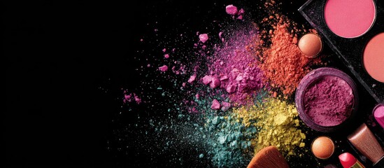 Vibrant makeup powder explosion against a black background, showcasing various shades and textures of eyeshadow, blush, and other cosmetics with brushes and compact cases