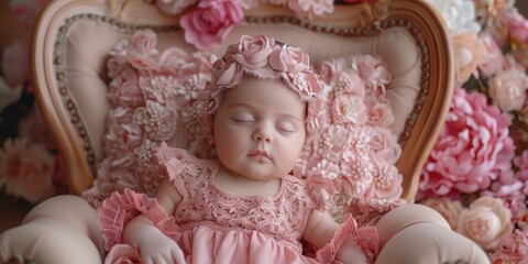 Fototapeta premium Newborn Baby in pastel Taupe chair