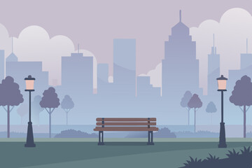 Obraz premium Serene City Park Bench Misty Morning Urban Landscape Illustration