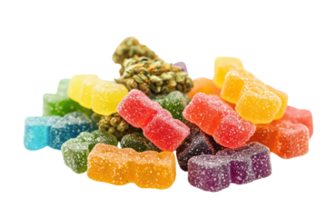 Colorful CBD infused rainbow gummies alongside cannabis buds on a white background, showcasing their vibrant hues and natural ingredients for wellness