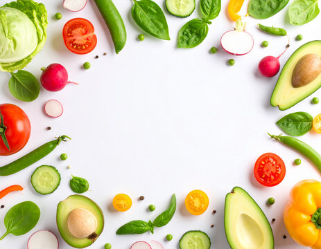 Fresh vegetables and fruits arranged in a frame on a white background, top view - Powered by Adobe