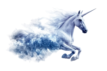 Mystical unicorn prancing gracefully through a cloud of shimmering stars in a fantastical landscape at twilight