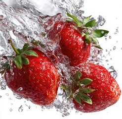 Three ripe red strawberries splash into clear water, creating dynamic droplets and a sense of freshness