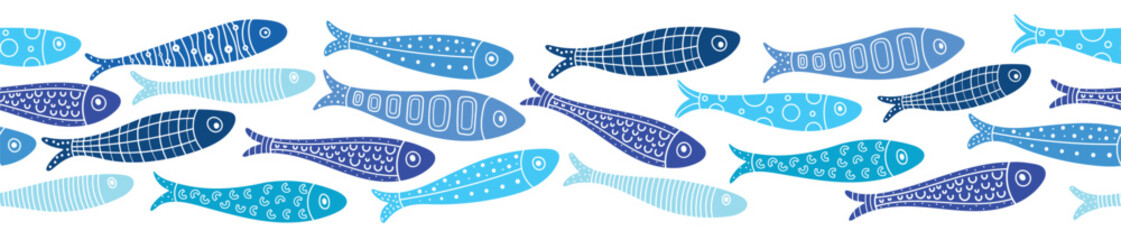 Vector seamless horizontal border with fish. Cute illustration. Sardines, salmon, tuna, tilapia.