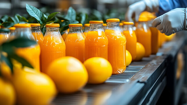 Orange juice bottling production line close up of glass bottles and fresh oranges