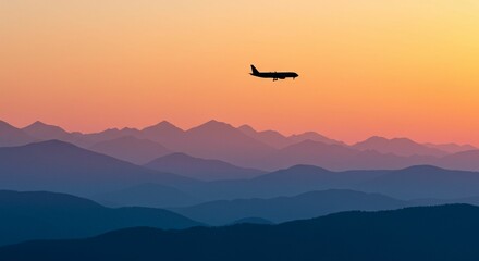 Airplane over mountain range sunrise