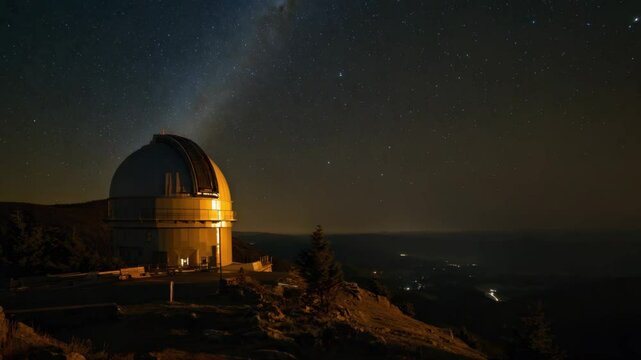 Astronomical observatory under starry night sky on mountain peak  