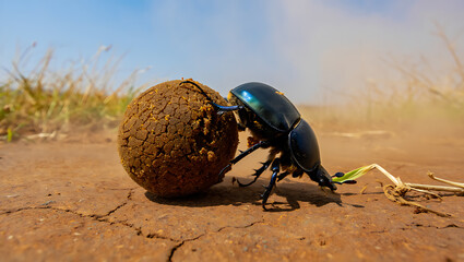 Dung beetle rolling a ball of dung across dry ground